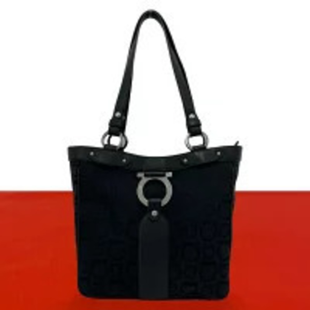 Salvatore Ferragamo Gancini Canvas Leather Shoulder Bag Black